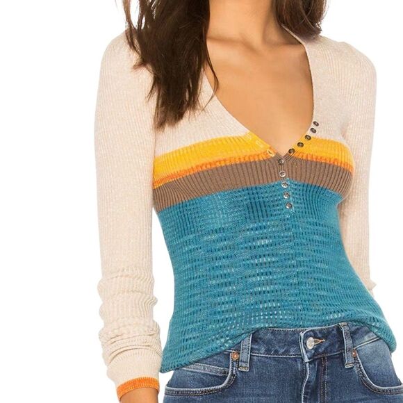 Free People Frequency Henley Sweater Crop Color Block V Neck Tan XS - Picture 2 of 8